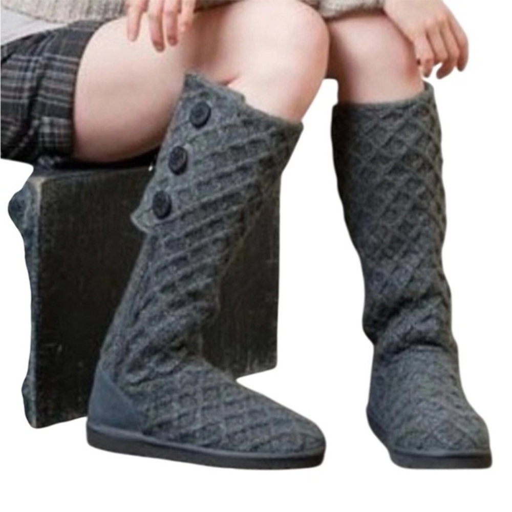 Ugg Lattice Cardy Genuine Sheepskin Knit Tall Boots Charcoal Grey Winter Snow 9